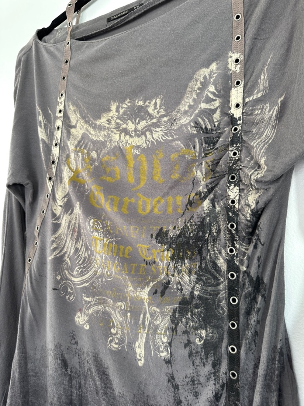 Salvage Y2K Grunge Gray Snap Button Rocker Punk Rivet Thrashed Thin Top XS - Picture 2 of 16